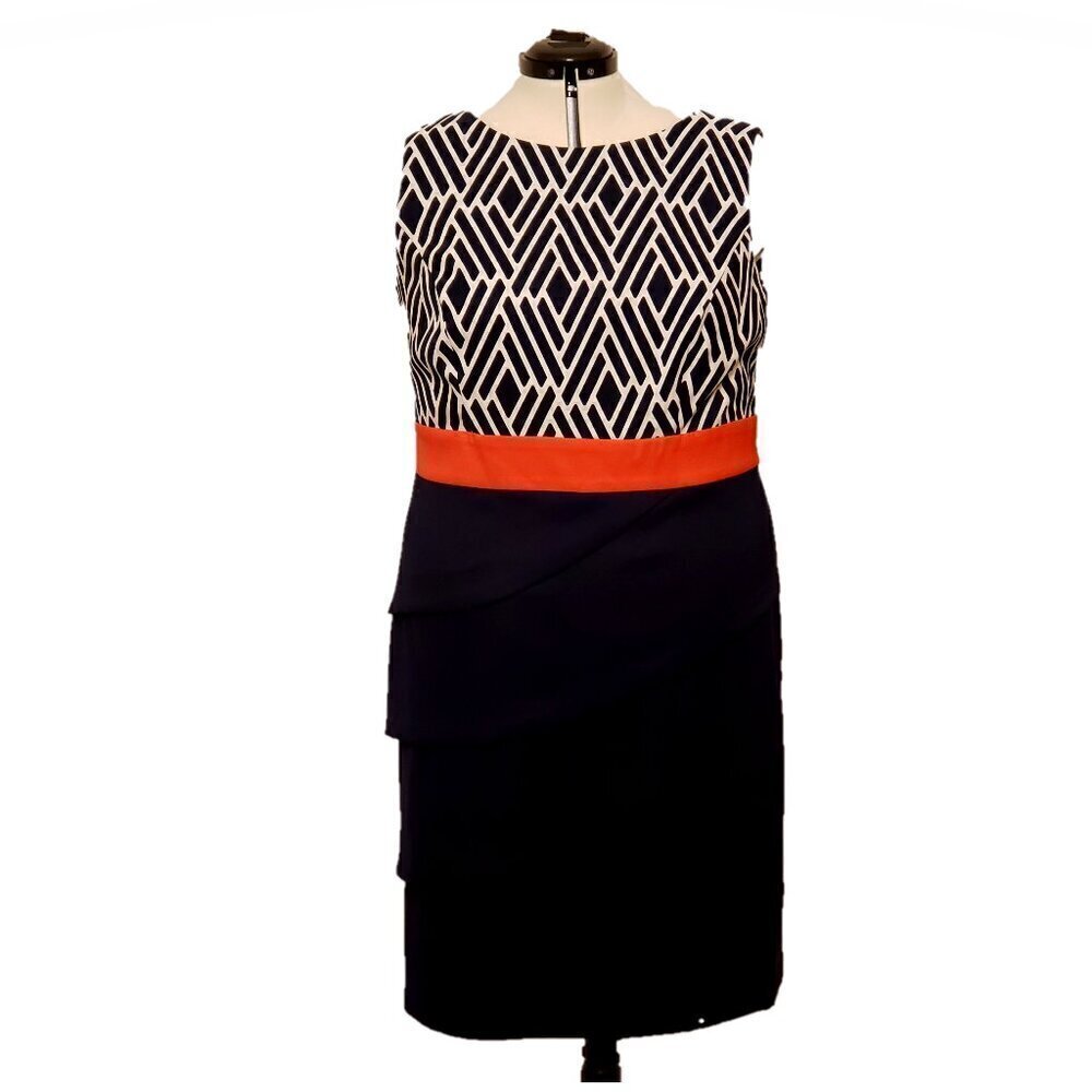 Connected Apparel Multitier Sheath Cocktail Dress in Blue/White/Coral, Size 14W